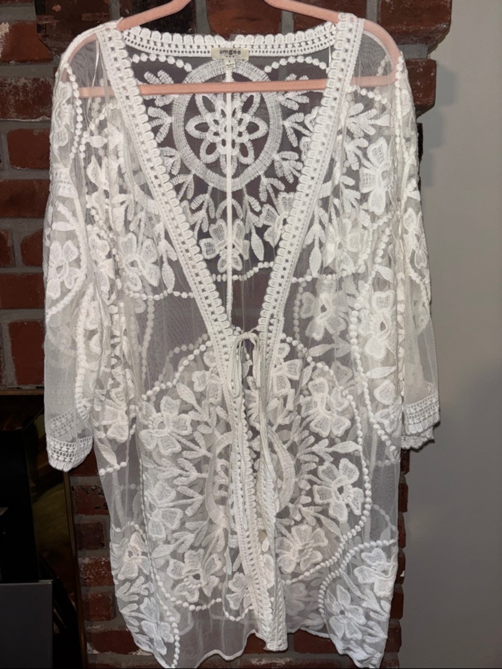 Umgee White Sheer Floral Embroidered Kimono Tie Front Cardigan Women’s Size Lrg